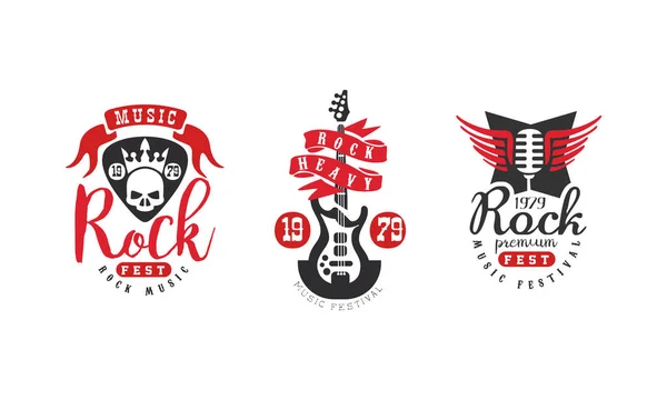 Rock Music Festival Logo Templates Set, Evento musicale Retro Badges Vector Illustration — Vettoriale Stock