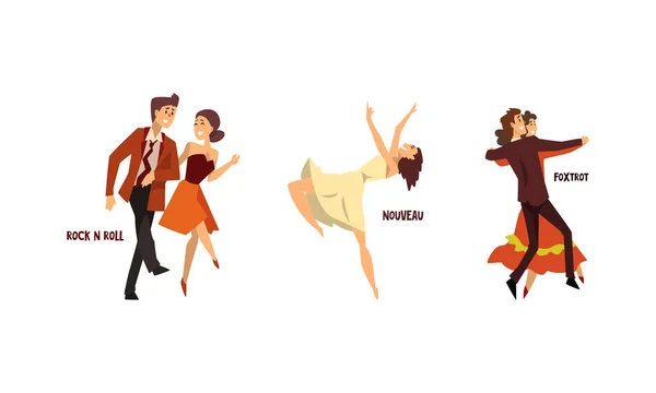 Set of Various Styles of Dancing, Professional Dancers Performing Rock n Roll, Foxtrot, Nouveau, Cartoon Vector Illustration — Stock Vector