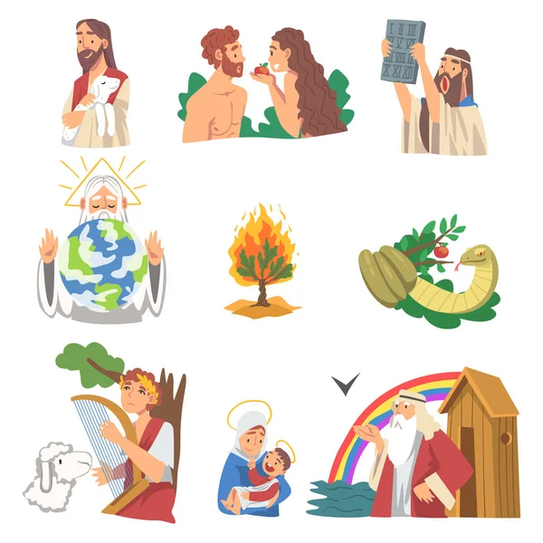 Bible Narratives with Adam and Eve, Burning Bush, Snake of Temptation and Ark of Noah Vector Set — Stock Vector