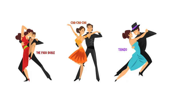 Conjunto de varios estilos de baile, Parejas de danza profesional bailando Cha-Cha-Cha, Paso Doble, Ilustración de vectores de dibujos animados de tango — Vector de stock