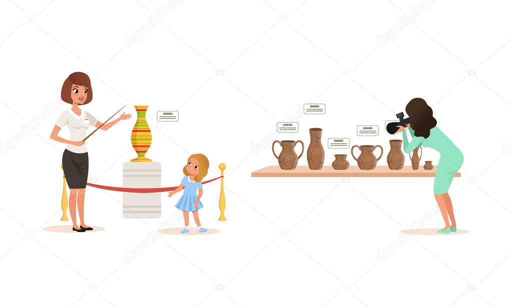 Visitors Viewing Ceramic Clay Antique Vessels at Historical Museum Cartoon Vector Illustration