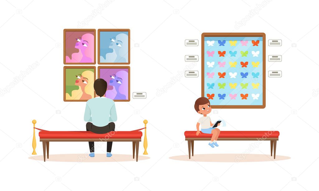 Visitors Viewing Exhibits at Classic Art Gallery or Museum Cartoon Vector Illustration