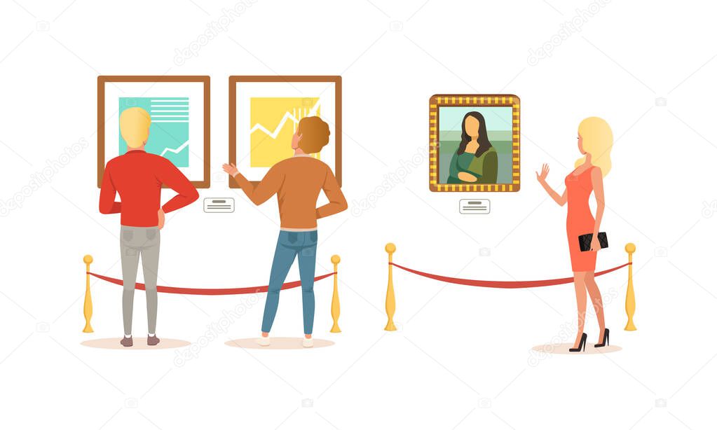 People Looking at Paintings at Exhibition, Visitors Viewing Exhibits at Museum Cartoon Vector Illustration