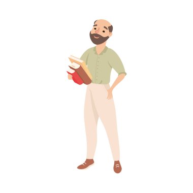 Bearded Man as School Teacher or Educator Holding Pile of Schoolbook Vector Illustration clipart