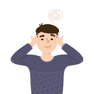 Kafasında Bulmacayı Çözen Genç Adam Yarı Uzun Vektör İllüstrasyonunu Düşünüyor ve Çözüyor