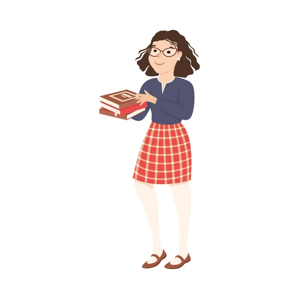 Mujer maestra de escuela o educadora en falda a cuadros sosteniendo pila de ilustración vectorial de libro escolar — Vector de stock