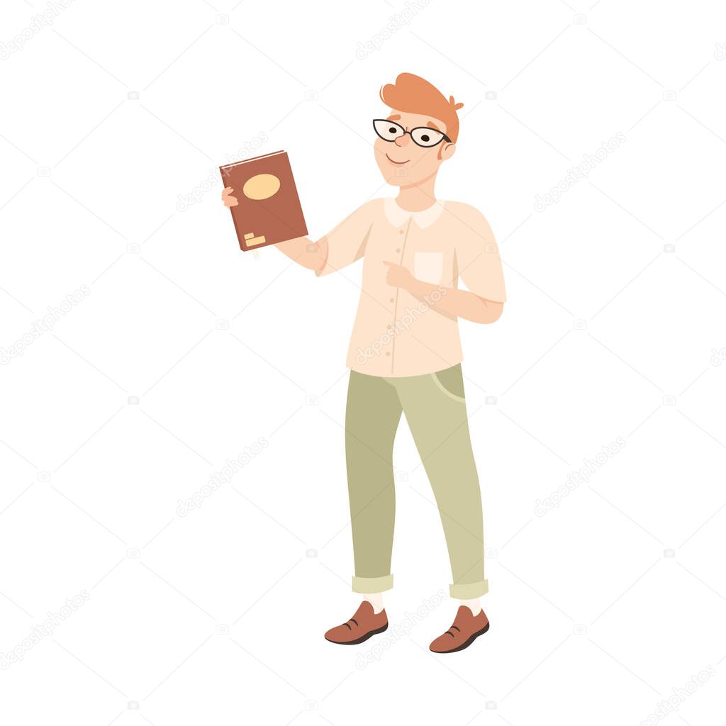Man School Teacher or Educator in Glasses Showing Schoolbook to His Pupils Vector Illustration