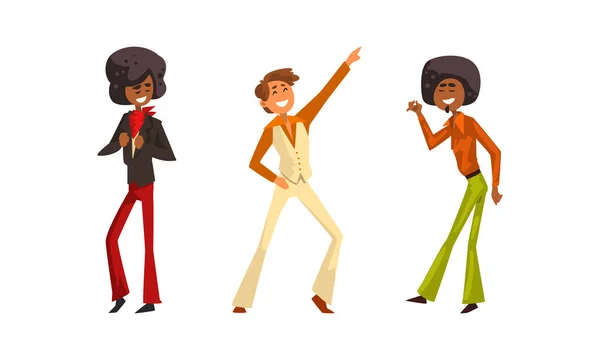 Retro Pop Musicians Set, Performer Singers Characters Wearing 70s Fashion Disco Style Clothes Cartoon Vector Illustration — Vetor de Stock