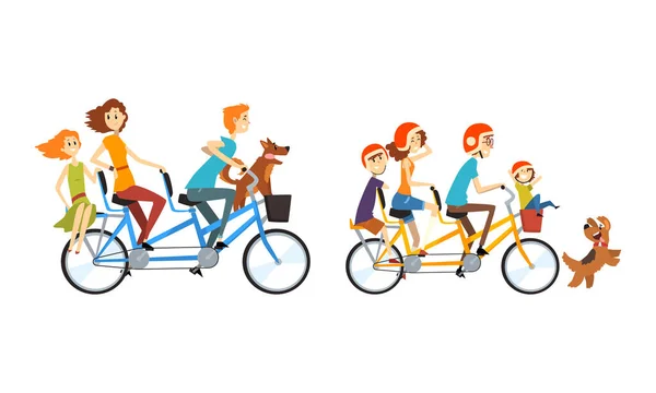 Happy Families Riding Tandem Bicycles Set, Cheerful People Riding Quint with their Dogs Cartoon Vector Illustration — Stock Vector