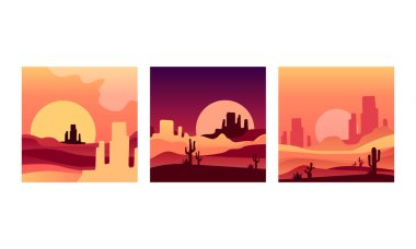 Desert Landscape at Sunset Set, Beautiful Nature Scenery with Cactus and Hills Silhouettes Vector Illustration