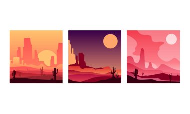 Desert Landscape at Different Times of the Day Set, Beautiful Nature Scenery with Cactus and Hills Silhouettes Vector Illustration