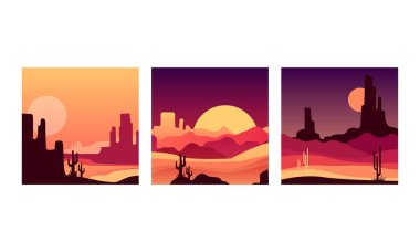 Desert Landscape at Sunset Set, Beautiful Nature Scenery Background with Cactus and Mountains Silhouettes Vector Illustration