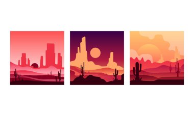 Desert Landscape at Sunset Set, Beautiful Nature Scenery with Cactus, Mountains and Hills Silhouettes Vector Illustration