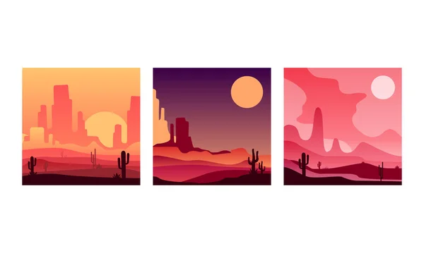 Desert Landscape at Different Times of the Day Set, Beautiful Nature Scenery with Cactus and Hills Silhouettes Vector Illustration — 图库矢量图片