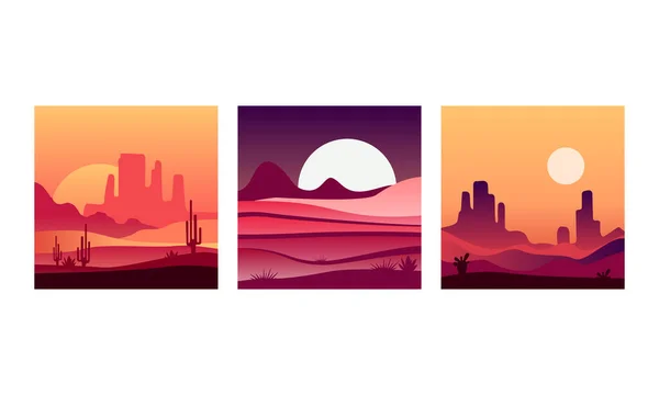 Desert Landscape at Sunrise and Sunset Set, Beautiful Nature Scenery Background Vector Illustration — 图库矢量图片