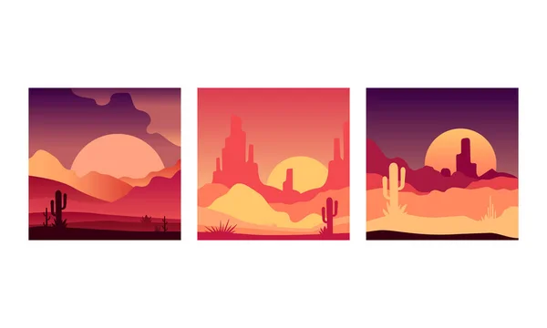 Desert Landscape at Sunrise and Sunset Set, Beautiful Nature Scenery Background with Cactus and Mountains Silhouettes Vector Illustration — Vettoriale Stock