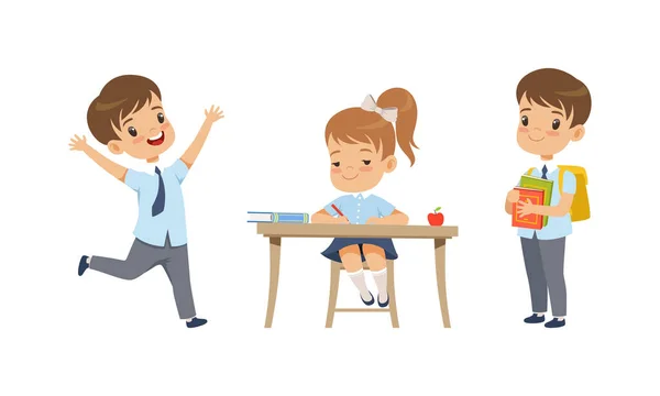 Cute Kids Studying at School Set, Elementary School Students in School Uniform During Lesson Cartoon Vector Illustration — Stok Vektör