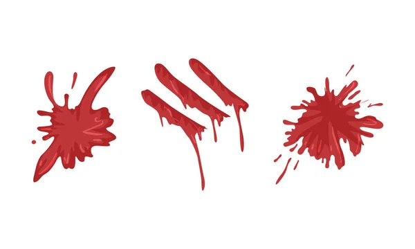 Splattered Blood Stains Set, Smears and Drops of Red Ink Paint Cartoon Vector Illustration — Stockvektor