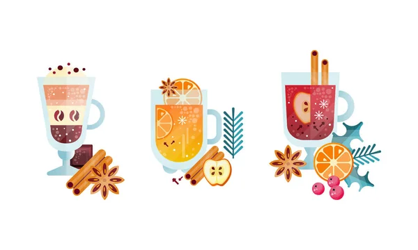 Herbal Tea Collection, Glass Transparent Cups of Healthy Aroma Drink Flat Vector Illustration — Stock Vector