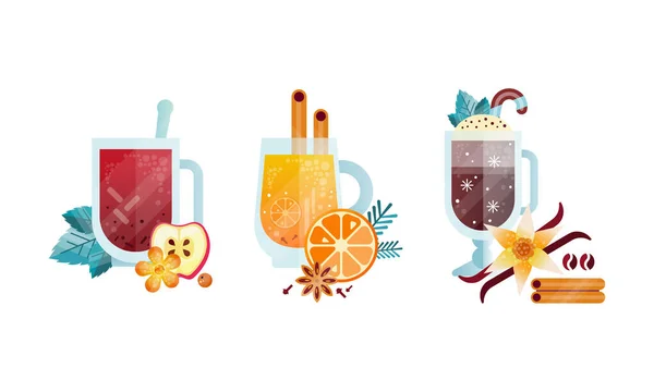 Hot Drinks Collection, Glass Transparent Mugs of Herbal Tea and Coffee Vector Illustration — Vettoriale Stock