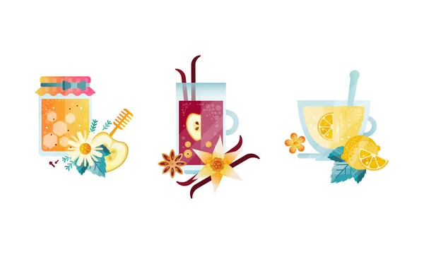 Hot Drinks Collection, Glass Transparent Mugs of Herbal Healthy Medicinal Tea and Honey Jar Vector Illustration — Vettoriale Stock