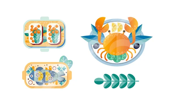 Various Seafood Dishes Set, Crab, Baked Fish, Caviar Sandwiches Flat Vector Illustration — стоковий вектор