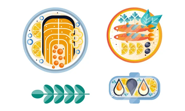 Various Seafood Dishes Set, Crab, Baked Fish, Caviar Sandwiches Salmon Fish, Mussels Flat Vector Illustration — стоковий вектор