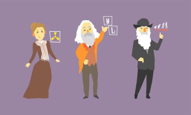Ünlü Bilim Adamı Set, Marie Curie, Dmitry Mendeleev, Charles Darwin Vektör İllüstrasyonu