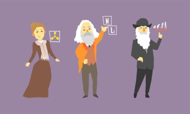 Famous Scientist Set, Marie Curie, Dmitry Mendeleev, Charles Darwin Vector Illustration clipart