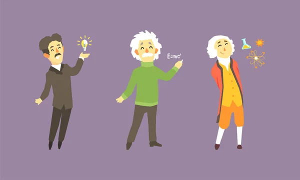 Slavný vědecký set, Thomas Edison, Isaac Newton, Albert Einstein Vector Illustration — Stockový vektor