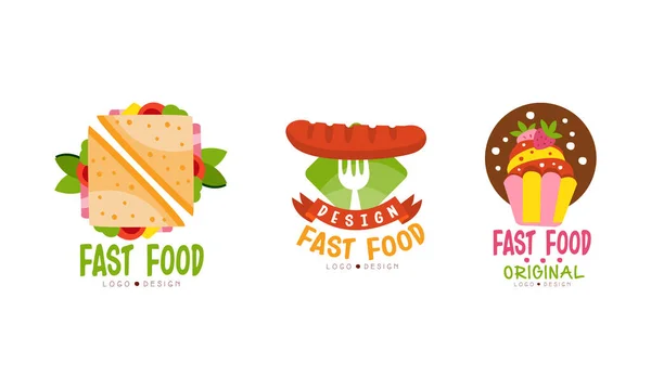 Zestaw Fast Food Logo Design, Kanapka, Grillowana kiełbasa, Cupcake wektor ilustracji — Wektor stockowy