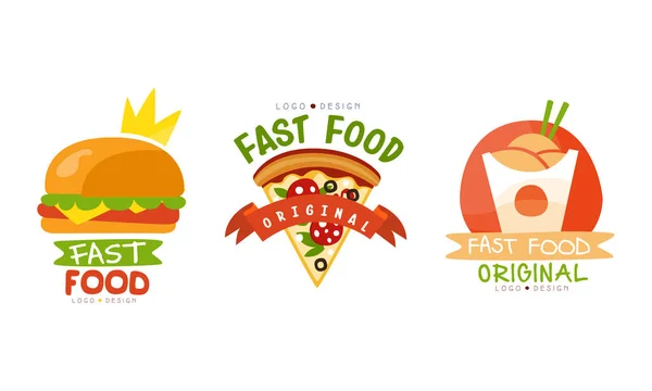 Fast Food Logo Original Design Set, Burger, Pizza, Makaron Ilustracja wektora kreskówki — Wektor stockowy
