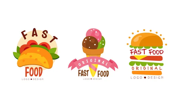 Fast Food Original Logo Design Set, Cafe, Restaurant, Menu Bages Cartoon Vector Illustration — 스톡 벡터