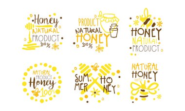 Bal Logosu Tasarım Seti, Doğal Organik Sağlıklı Ürün Rozetleri El Çizimi Vektör Çizimi