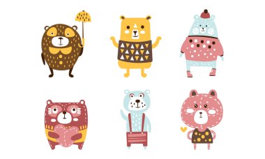 Sevimli Ayılar Seti, Sevimli Orman Hayvanları Karakterleri Çizgi Film Vektör İllüzyonu
