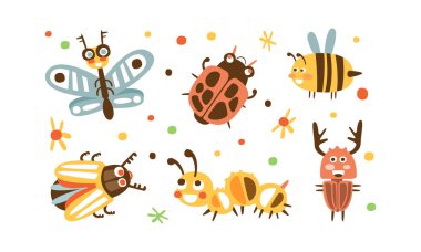 Cute Funny Insects Collection, Adorable Wasp, Butterfly, Colorado Beetle, Deer Beetle, Bed Bug Soldier, Caterpillar Cartoon Vector Illustration clipart
