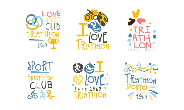 Triathlon Club Logo Design Set, Marathon, Sport Club, Wedstrijd Emblemen Cartoon Handgetrokken Vector Illustratie — Stockvector