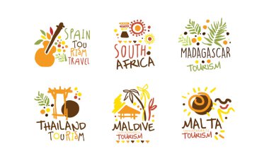 Turistik Logo Şablonları Tasarımı, Dünya, İspanya, Madagaskar, Güney Afrika, Maldivler, Malta, Tayland Amblemleri El Çizimi Vektör İlülasyonu