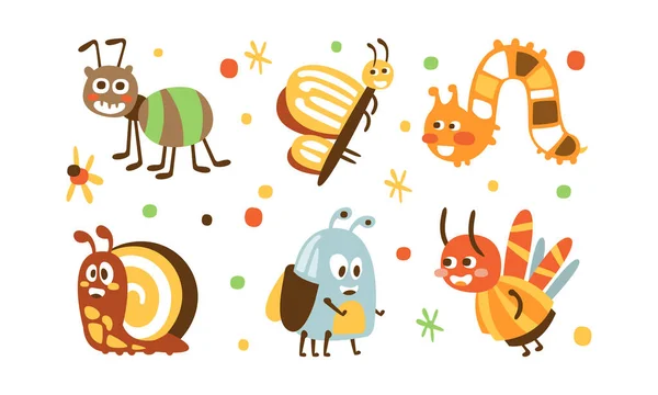 Roztomilý legrační hmyz kolekce, rozkošný mravenec, motýl, hlemýžď, housenka karikatura ilustrace — Stockový vektor