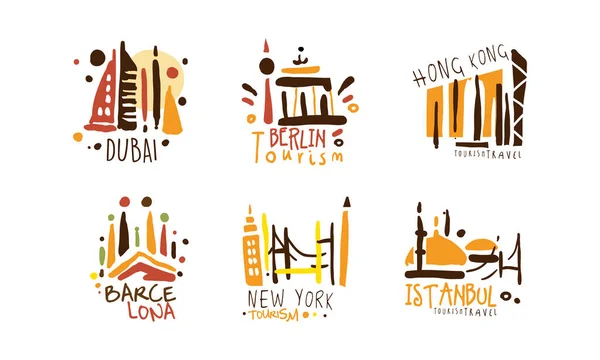 Design von touristischen Logo-Vorlagen, Reisen um die Welt, Dubai, Berlin, Hongkong, Barcelona, New York, Istanbul Embleme handgezeichnete Vektorillustration — Stockvektor