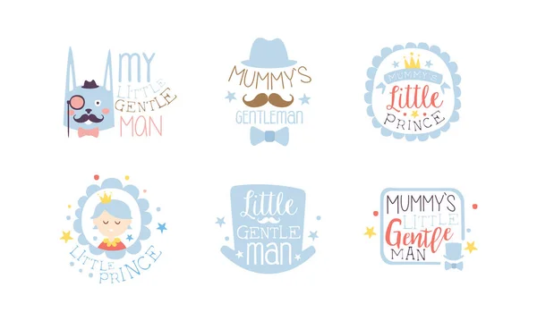 My Little Gentleman Labels Set, Cute Emblems in Light Blue Colors, Baby Shower, Birthday Party Design Element Hand Drawn Vector Illustration — Stockový vektor