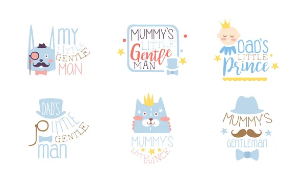 Dads Little Prince Labels Set, Cute Emblems in Light Blue Colors, Baby Shower, Birthday Party Design Element Hand Drawn Vector Illustration — Stock Vector