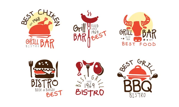 Meilleur ensemble de conception de logo de barre de gril de poulet, meilleurs emblèmes de bistrot de bière et de hamburger dessinés à la main Illustration vectorielle — Image vectorielle