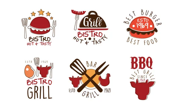 Ensemble de conception de logo chaud et savoureux Bistro, BBQ Meilleurs emblèmes de barbecue Illustration vectorielle dessinée à la main — Image vectorielle