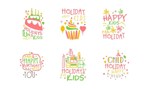 Παιδιά Happy Holiday Logo Πρότυπα Σχεδιασμός Σετ, Χρόνια πολλά σε σας πολύχρωμο χέρι Ζωγραφισμένα Εμβλήματα Εικονογράφηση διάνυσμα — Διανυσματικό Αρχείο