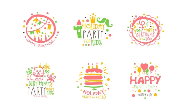 Festa de férias para crianças Logo Templates Design Set, Feliz aniversário colorido mão desenhada Emblems Vector Ilustração — Vetor de Stock