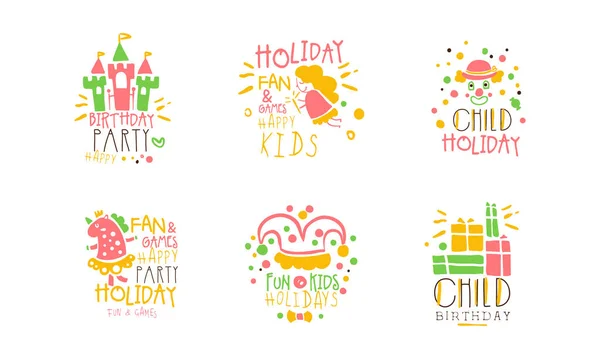 Πάρτυ γενεθλίων για τα παιδιά Πρότυπα Logo Σχεδιασμός Σετ, Διασκέδαση και παιχνίδια Ευτυχισμένο το κόμμα Διακοπές πολύχρωμο Χέρι Ζωγραφισμένα Εμβλήματα Διάνυσμα Εικονογράφηση — Διανυσματικό Αρχείο