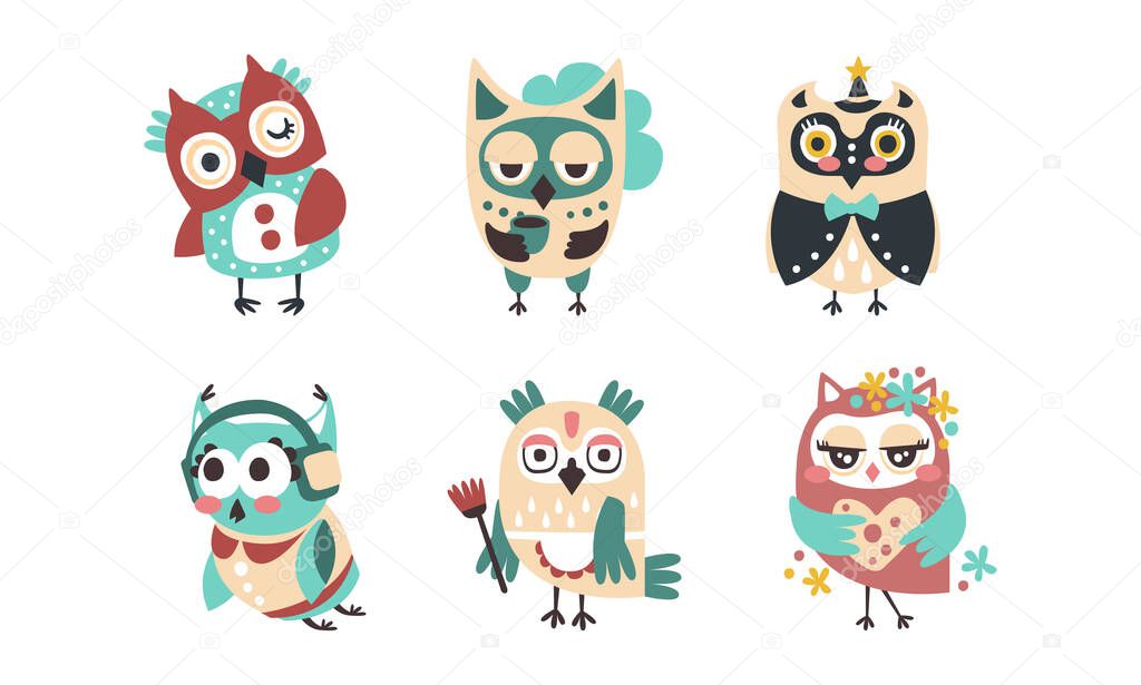 Cute Funny Owlets Collection, Amusing Colorful Owl Birds Cartoon Vector Illustration