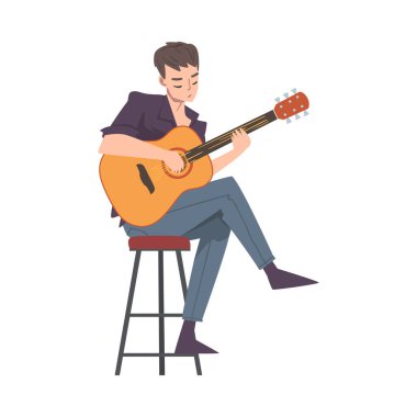 Yüksek Sandalyede Oturan Adam Akustik Gitar Çalıyor, Genç Robot Müzisyen Müzisyen Müzik Dizileri Çalıyor Müzikal Performans Çizgi Film Stili Resimleri