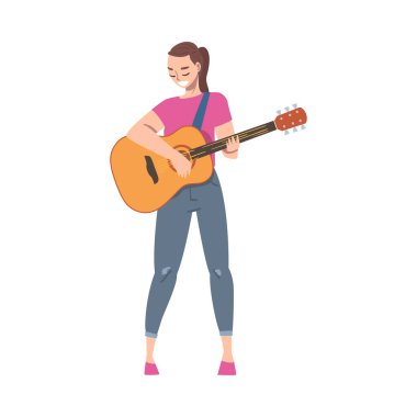 Neşeli Kız Günlük Giysiler Giyiyor Akustik Gitar Çalıyor, Kadın Gitarist Karakteri Konser Çizgi Film Stili Vektör İllüzyonunda Sahne alıyor